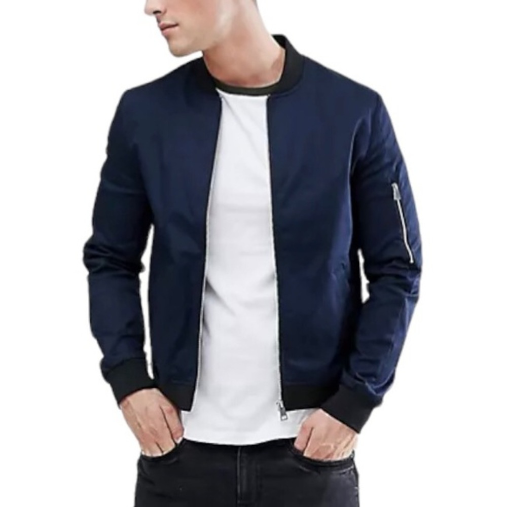 Navy Bomber Jacket with Baseball Collar